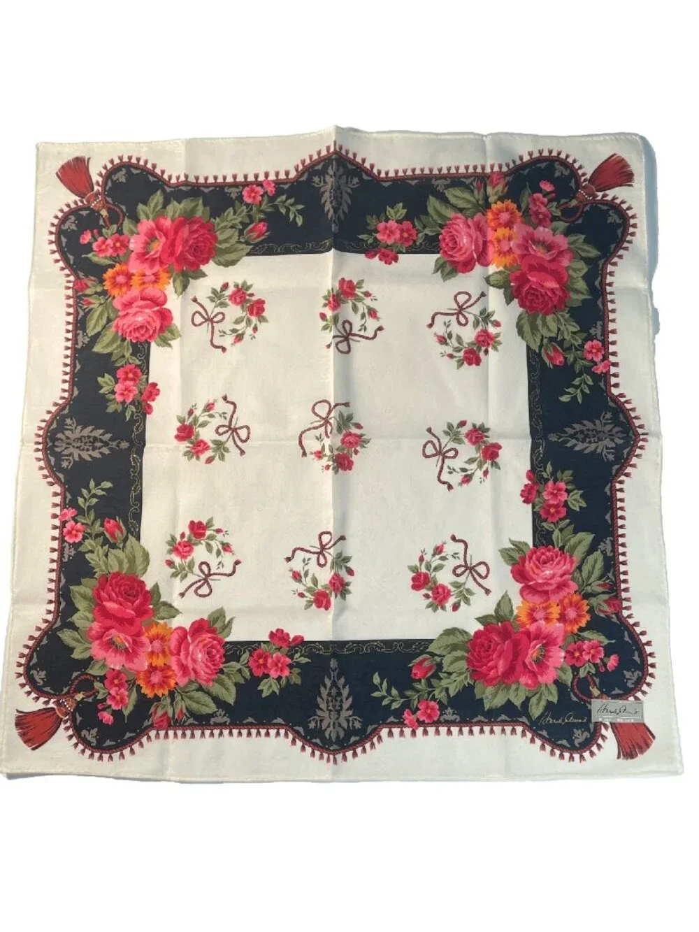 NWT Hardy Amies Vintage Floral Cotton Scarf Roses Tassel Border